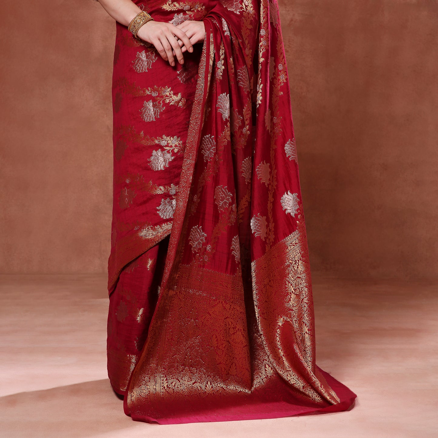 Deep Maroon Pure Silk with Gold Motifs