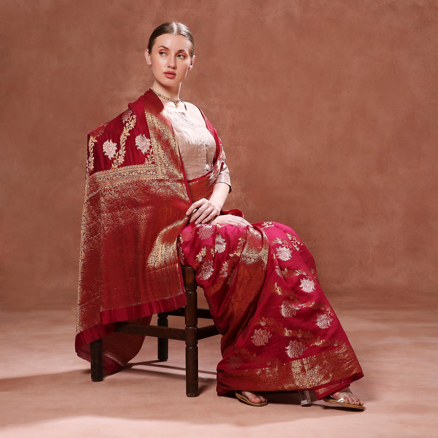 Deep Maroon Pure Silk with Gold Motifs