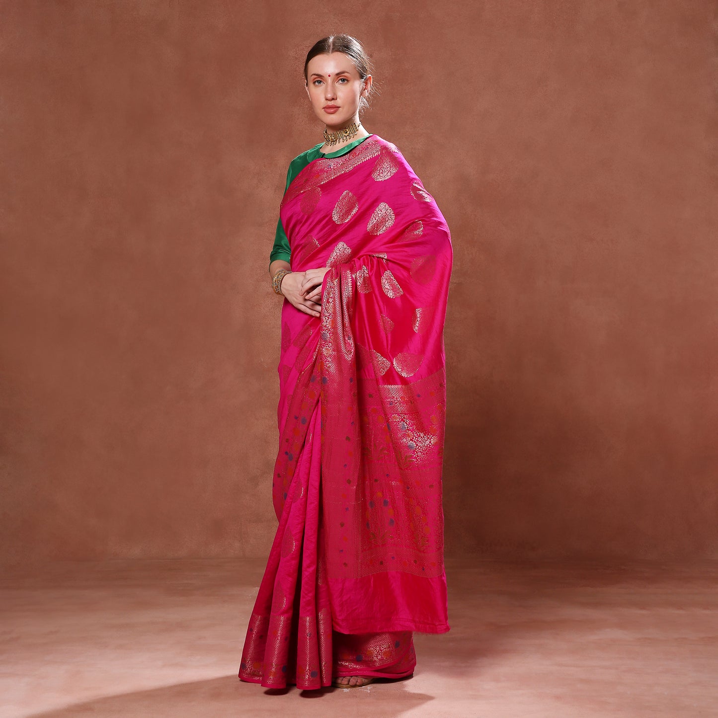 Royal Fuchsia Pink Pure Silk with Gold Motifs