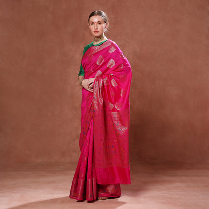 Royal Fuchsia Pink Pure Silk with Gold Motifs