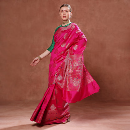 Royal Fuchsia Pink Pure Silk with Gold Motifs