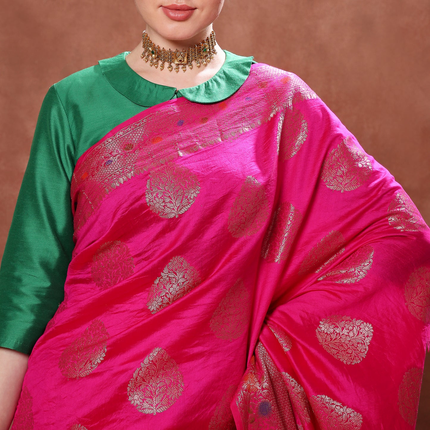 Royal Fuchsia Pink Pure Silk with Gold Motifs