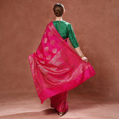 Royal Fuchsia Pink Pure Silk with Gold Motifs