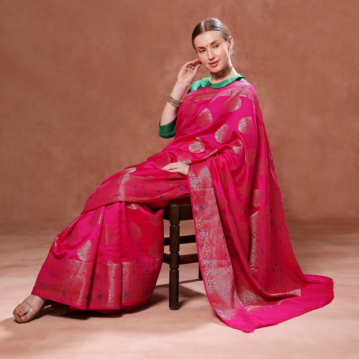 Royal Fuchsia Pink Pure Silk with Gold Motifs