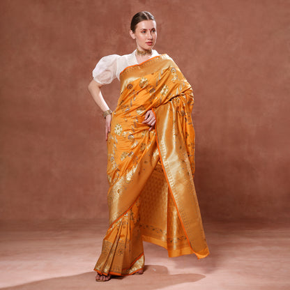 Blooming Sunset Orange Silk Saree with Green, Blue and Gold Minakari weave