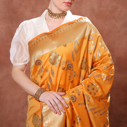 Blooming Sunset Orange Silk Saree with Green, Blue and Gold Minakari weave