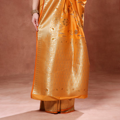 Blooming Sunset Orange Silk Saree with Green, Blue and Gold Minakari weave