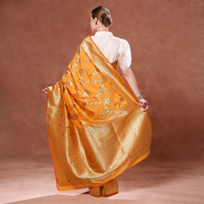 Blooming Sunset Orange Silk Saree with Green, Blue and Gold Minakari weave