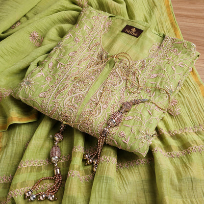 Leafy Green Lucknowi Chikankari Handwork 3-Piece Mul Chanderi Salwar Suit with Kardana Highlight