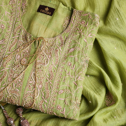 Leafy Green Lucknowi Chikankari Handwork 3-Piece Mul Chanderi Salwar Suit with Kardana Highlight
