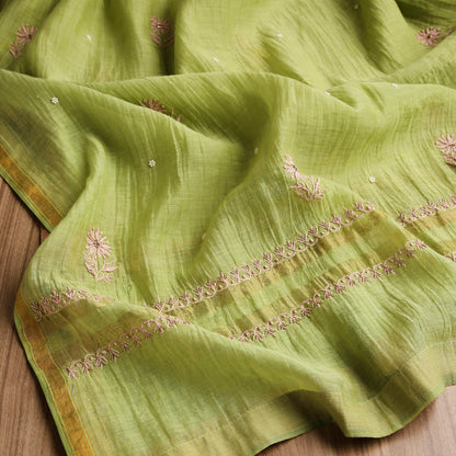 Leafy Green Lucknowi Chikankari Handwork 3-Piece Mul Chanderi Salwar Suit with Kardana Highlight