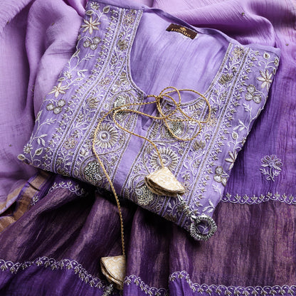 Royal Lavender Ombre Lucknowi Chikankari Handwork 3-Piece Mul Chanderi Salwar Suit with Kardana Highlight