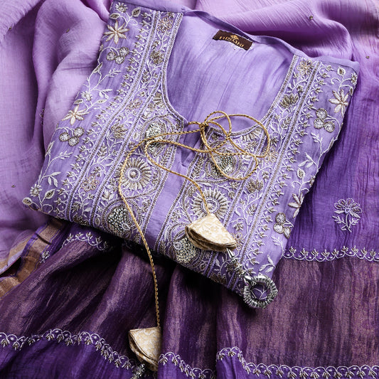 Royal Lavender Ombre Lucknowi Chikankari Handwork 3-Piece Mul Chanderi Salwar Suit with Kardana Highlight