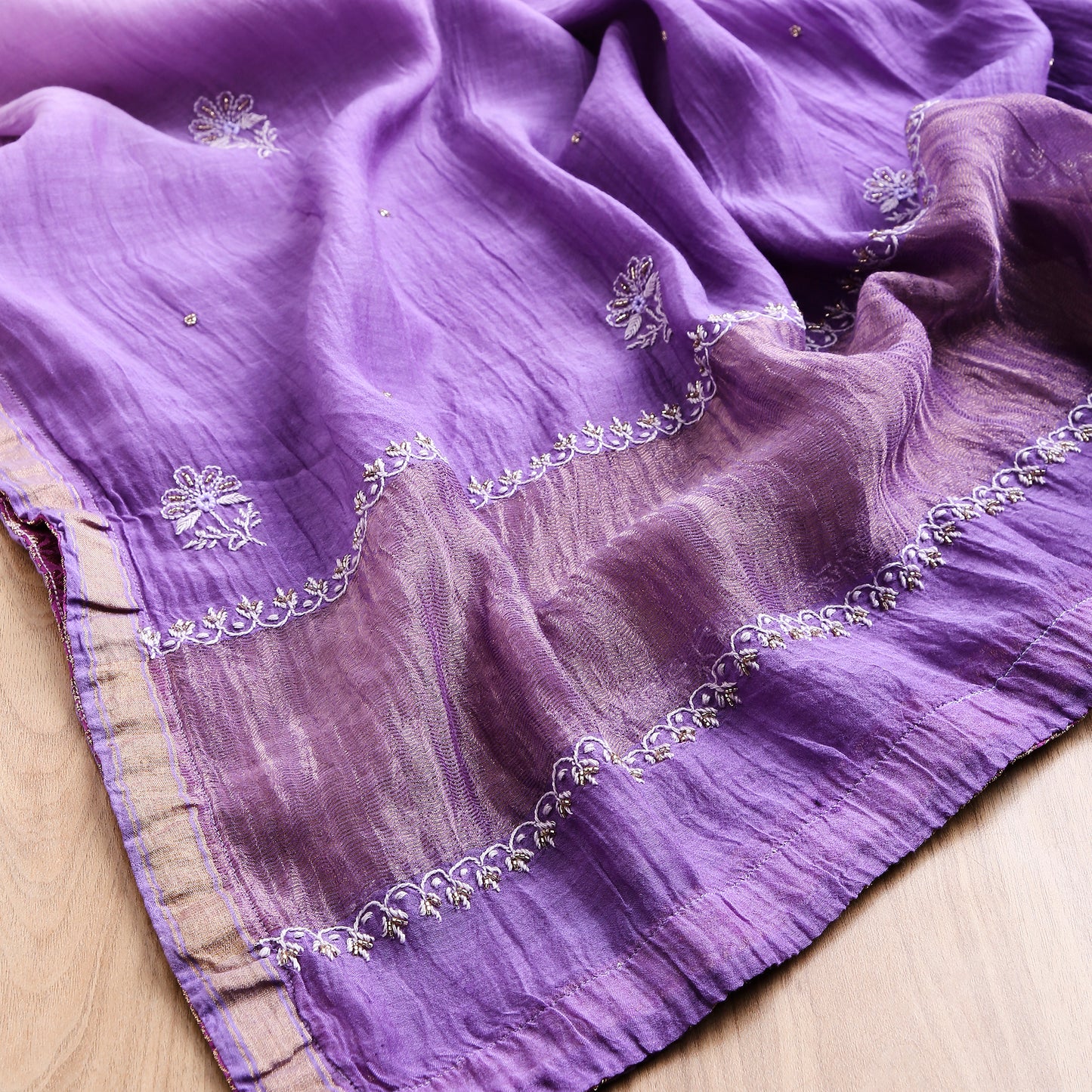 Royal Lavender Ombre Lucknowi Chikankari Handwork 3-Piece Mul Chanderi Salwar Suit with Kardana Highlight