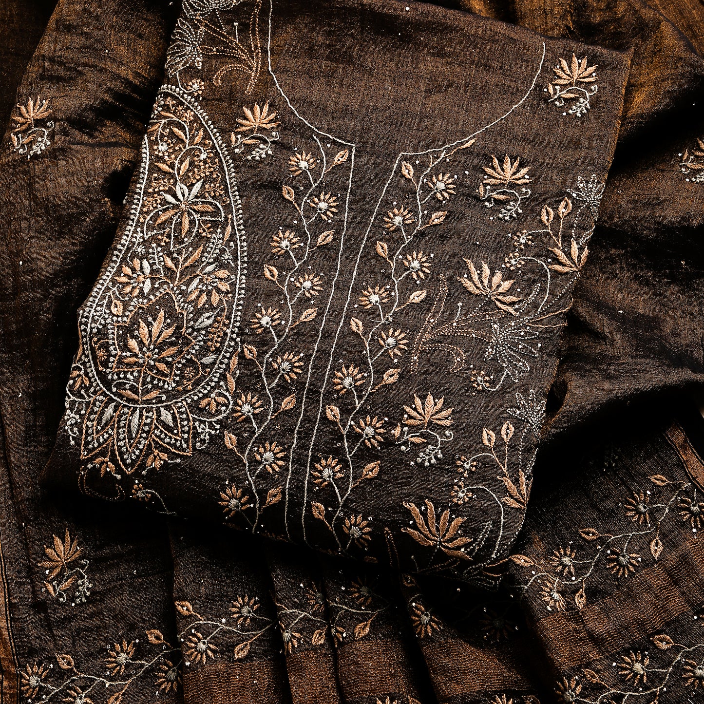 Rust Brown Pure Silk Tissue Lucknowi Chikankari Salwar Suit with Multicoloured Paisley Embroidery