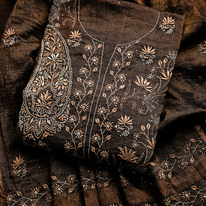 Rust Brown Pure Silk Tissue Lucknowi Chikankari Salwar Suit with Multicoloured Paisley Embroidery
