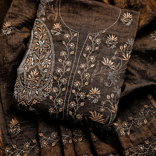 Rust Brown Pure Silk Tissue Lucknowi Chikankari Salwar Suit with Multicoloured Paisley Embroidery