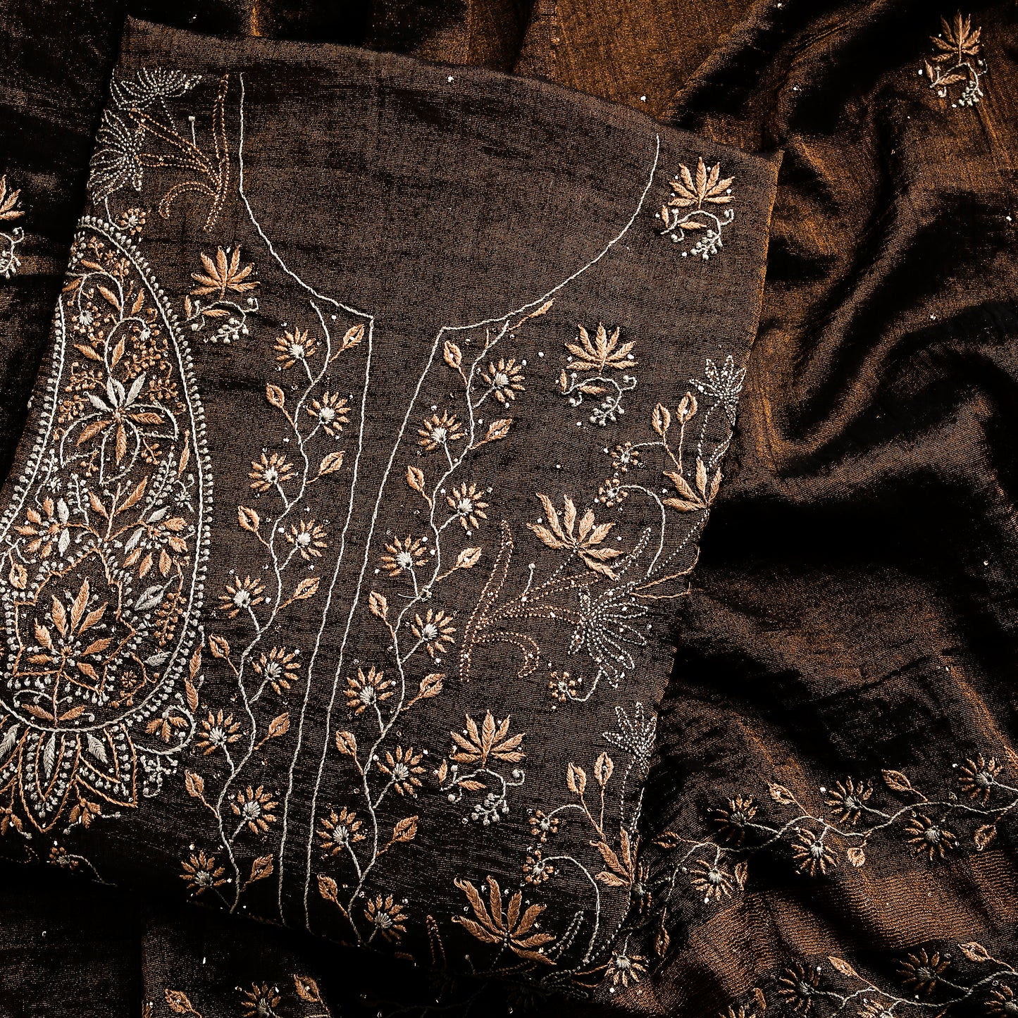 Rust Brown Pure Silk Tissue Lucknowi Chikankari Salwar Suit with Multicoloured Paisley Embroidery