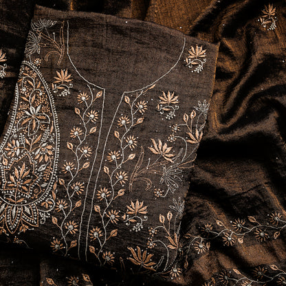Rust Brown Pure Silk Tissue Lucknowi Chikankari Salwar Suit with Multicoloured Paisley Embroidery