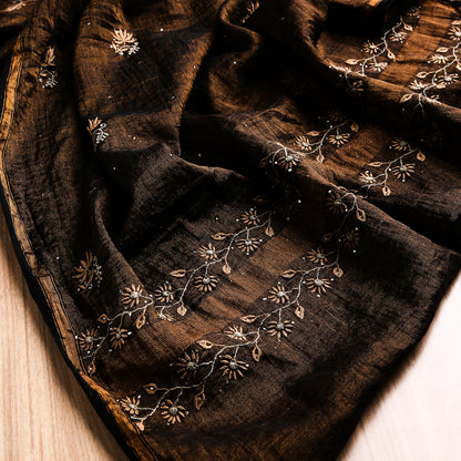 Rust Brown Pure Silk Tissue Lucknowi Chikankari Salwar Suit with Multicoloured Paisley Embroidery
