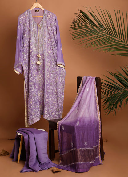 Royal Lavender Ombre Lucknowi Chikankari Handwork 3-Piece Mul Chanderi Salwar Suit with Kardana Highlight
