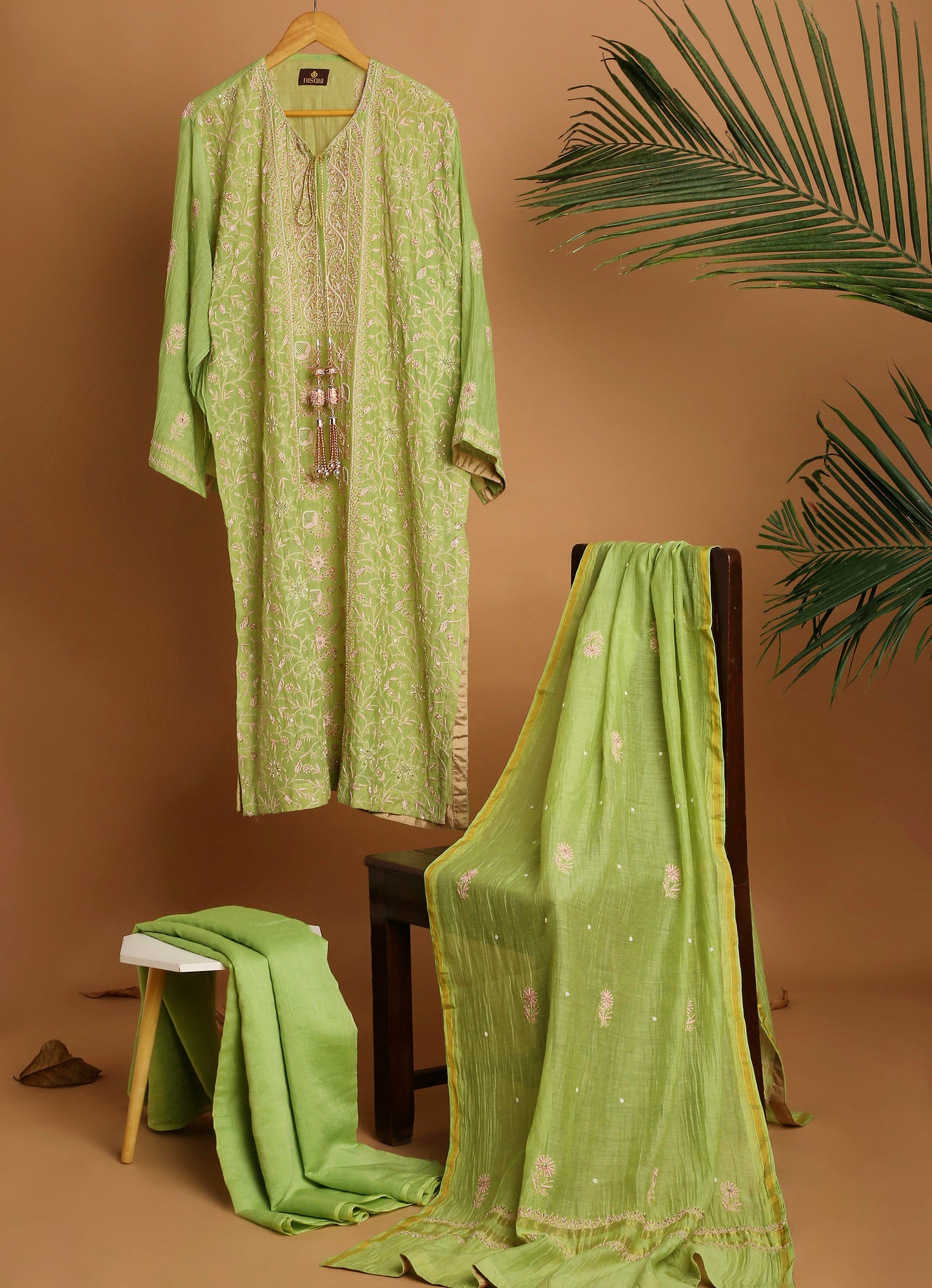 Leafy Green Lucknowi Chikankari Handwork 3-Piece Mul Chanderi Salwar Suit with Kardana Highlight