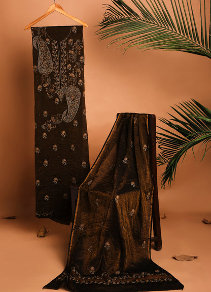 Rust Brown Pure Silk Tissue Lucknowi Chikankari Salwar Suit with Multicoloured Paisley Embroidery