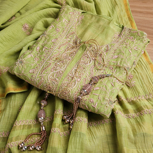 Leafy Green Lucknowi Chikankari Handwork 3-Piece Mul Chanderi Salwar Suit with Kardana Highlight