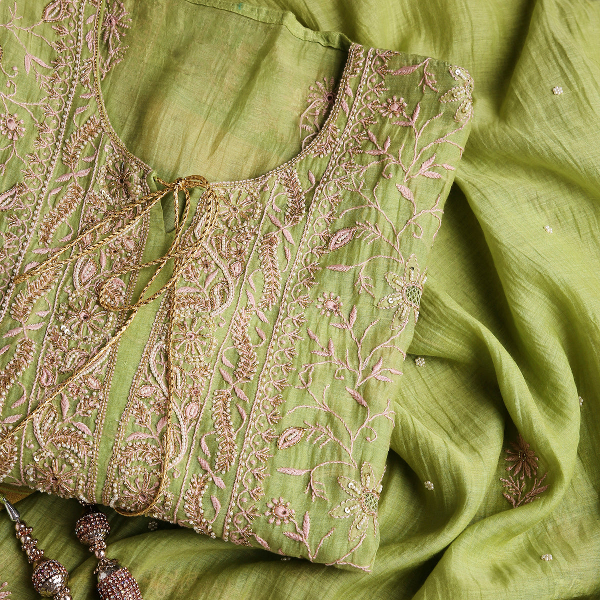 Leafy Green Lucknowi Chikankari Handwork 3-Piece Mul Chanderi Salwar Suit with Kardana Highlight