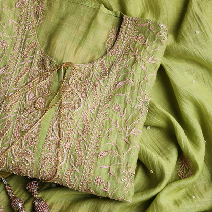 Leafy Green Lucknowi Chikankari Handwork 3-Piece Mul Chanderi Salwar Suit with Kardana Highlight