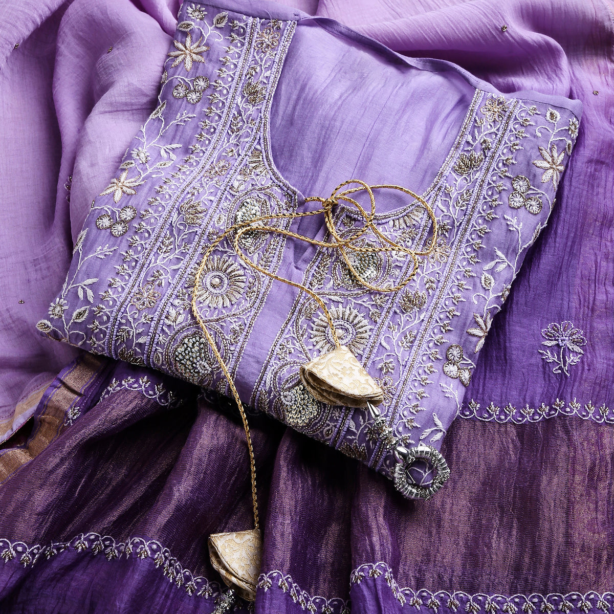 Royal Lavender Ombre Lucknowi Chikankari Handwork 3-Piece Mul Chanderi Salwar Suit with Kardana Highlight