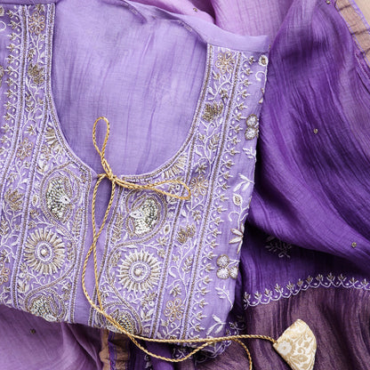 Royal Lavender Ombre Lucknowi Chikankari Handwork 3-Piece Mul Chanderi Salwar Suit with Kardana Highlight