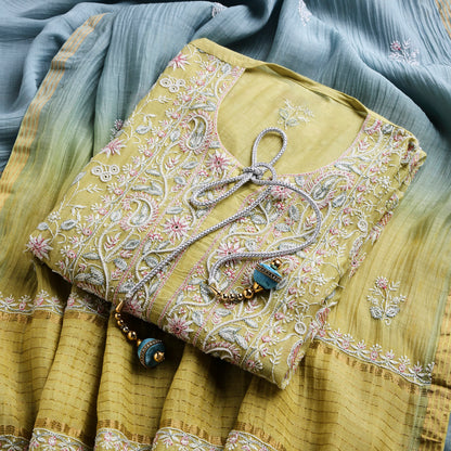 Breezy Yellow Ombre Lucknowi Chikankari Handwork 3-Piece Mul Chanderi Salwar Suit with Kardana Highlight