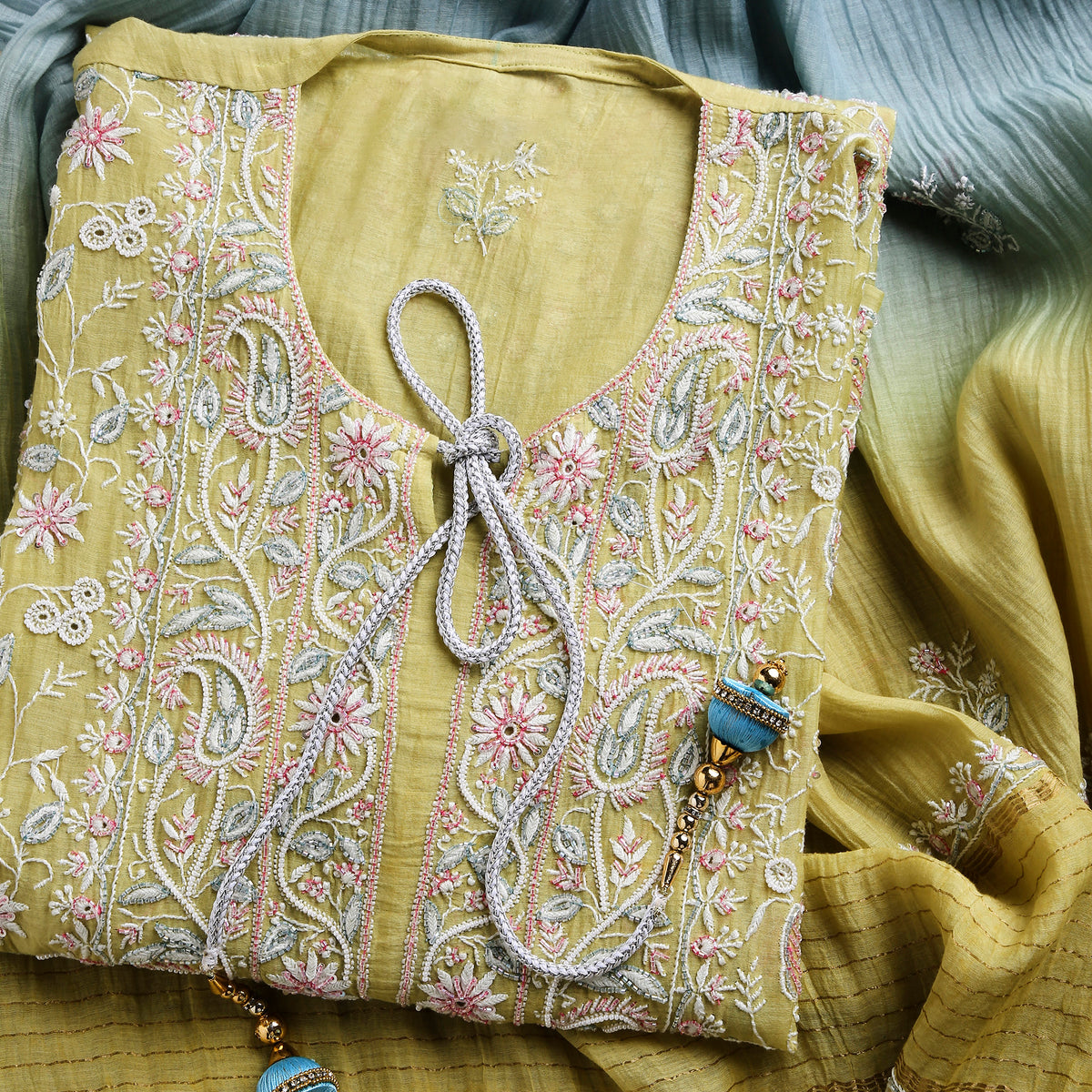 Breezy Yellow Ombre Lucknowi Chikankari Handwork 3-Piece Mul Chanderi Salwar Suit with Kardana Highlight