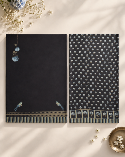 ‘Bloom Edit’ Deep Navy & Mist Blue Silk Banarasi Pure Tissue Painterly Saree