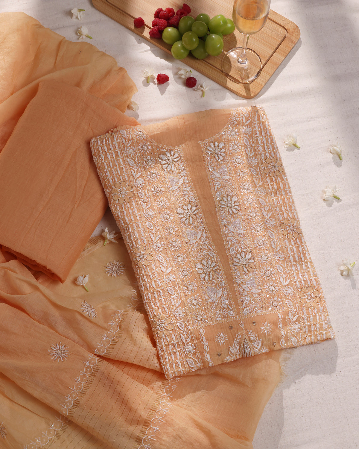 Peach Apricot Chikankari 3-piece Kurta Dupatta with Zardozi & Kardana Detailing