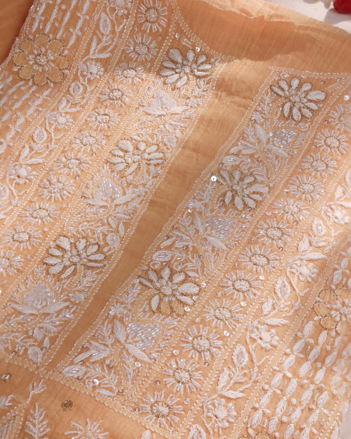 Peach Apricot Chikankari 3-piece Kurta Dupatta with Zardozi & Kardana Detailing