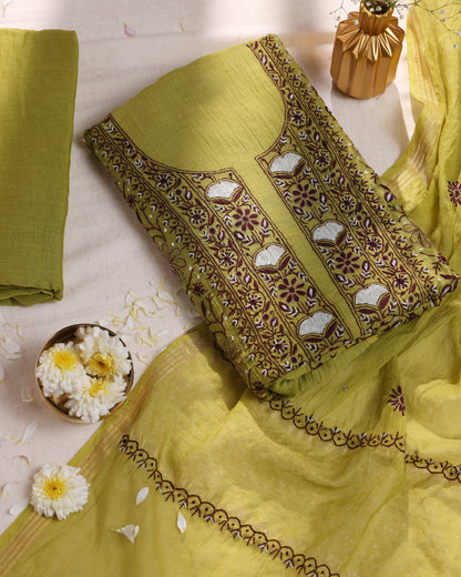 Lime Olive Chikankari 3-piece Kurta Dupatta with Zardozi & Kardana Detailing in Burgundy Embroidery