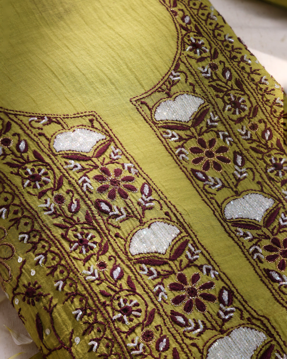 Lime Olive Chikankari 3-piece Kurta Dupatta with Zardozi & Kardana Detailing in Burgundy Embroidery