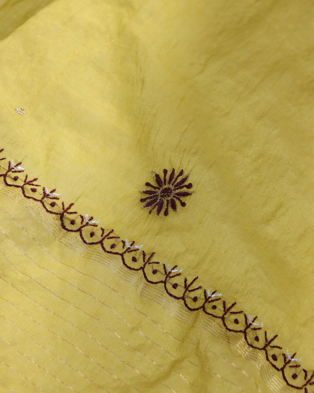 Lime Olive Chikankari 3-piece Kurta Dupatta with Zardozi & Kardana Detailing in Burgundy Embroidery