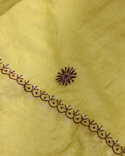 Lime Olive Chikankari 3-piece Kurta Dupatta with Zardozi & Kardana Detailing in Burgundy Embroidery