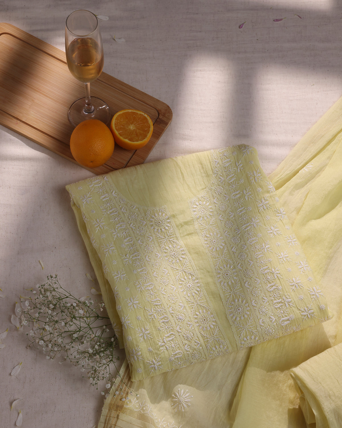 Makhan Yellow Silky Mul Chanderi Chikankari 3 -Piece Kurta Dupatta Ensemble