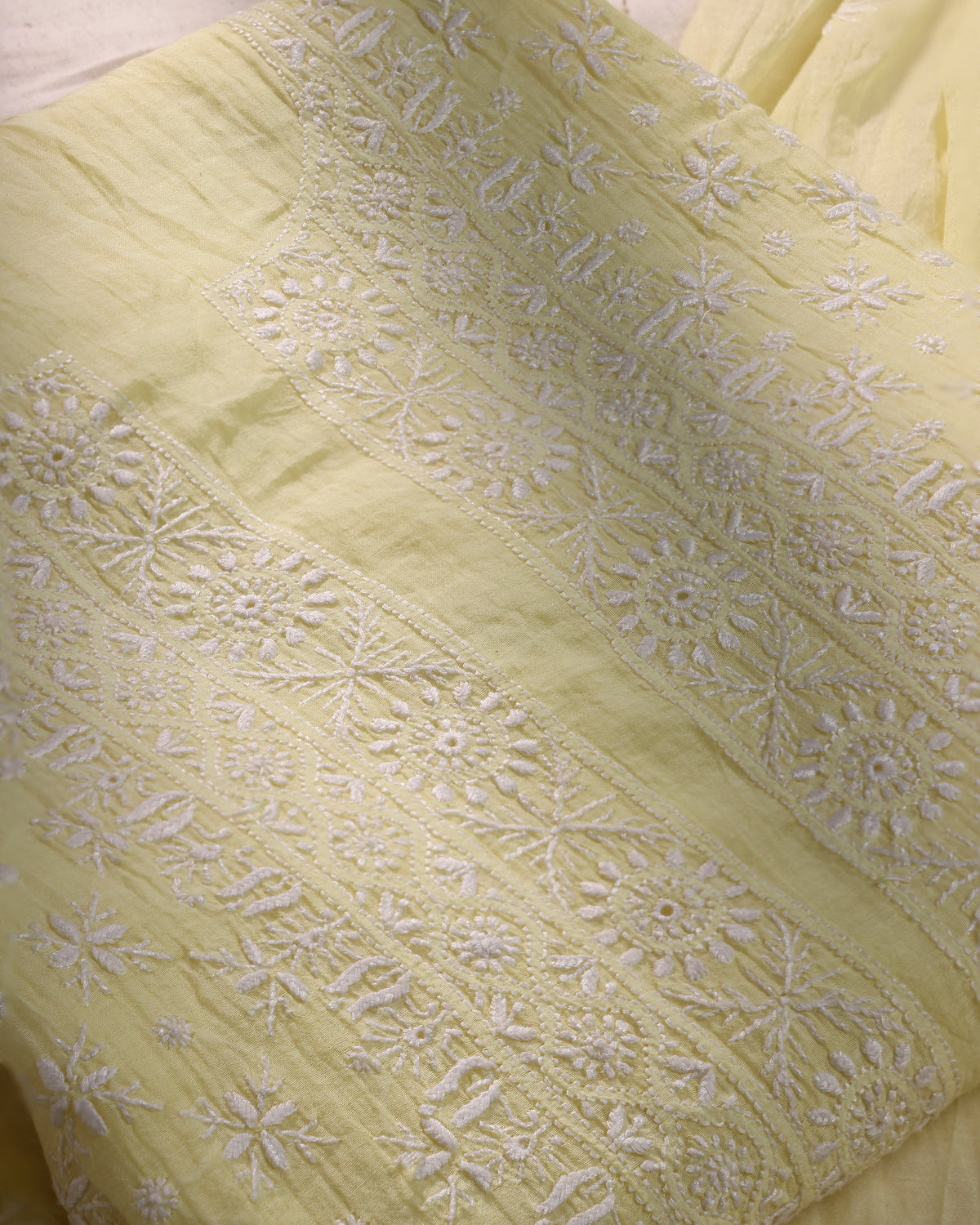 Makhan Yellow Silky Mul Chanderi Chikankari 3 -Piece Kurta Dupatta Ensemble