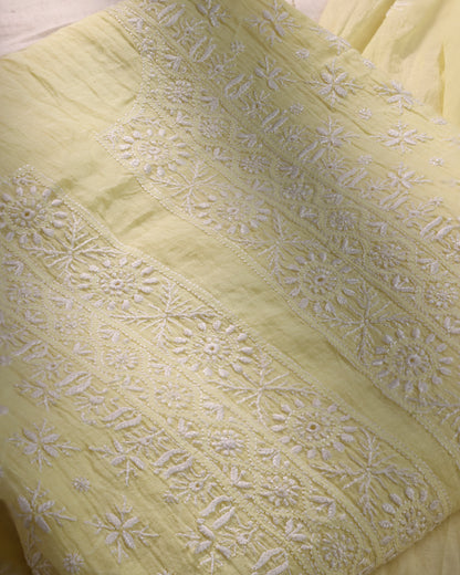 Makhan Yellow Silky Mul Chanderi Chikankari 3 -Piece Kurta Dupatta Ensemble