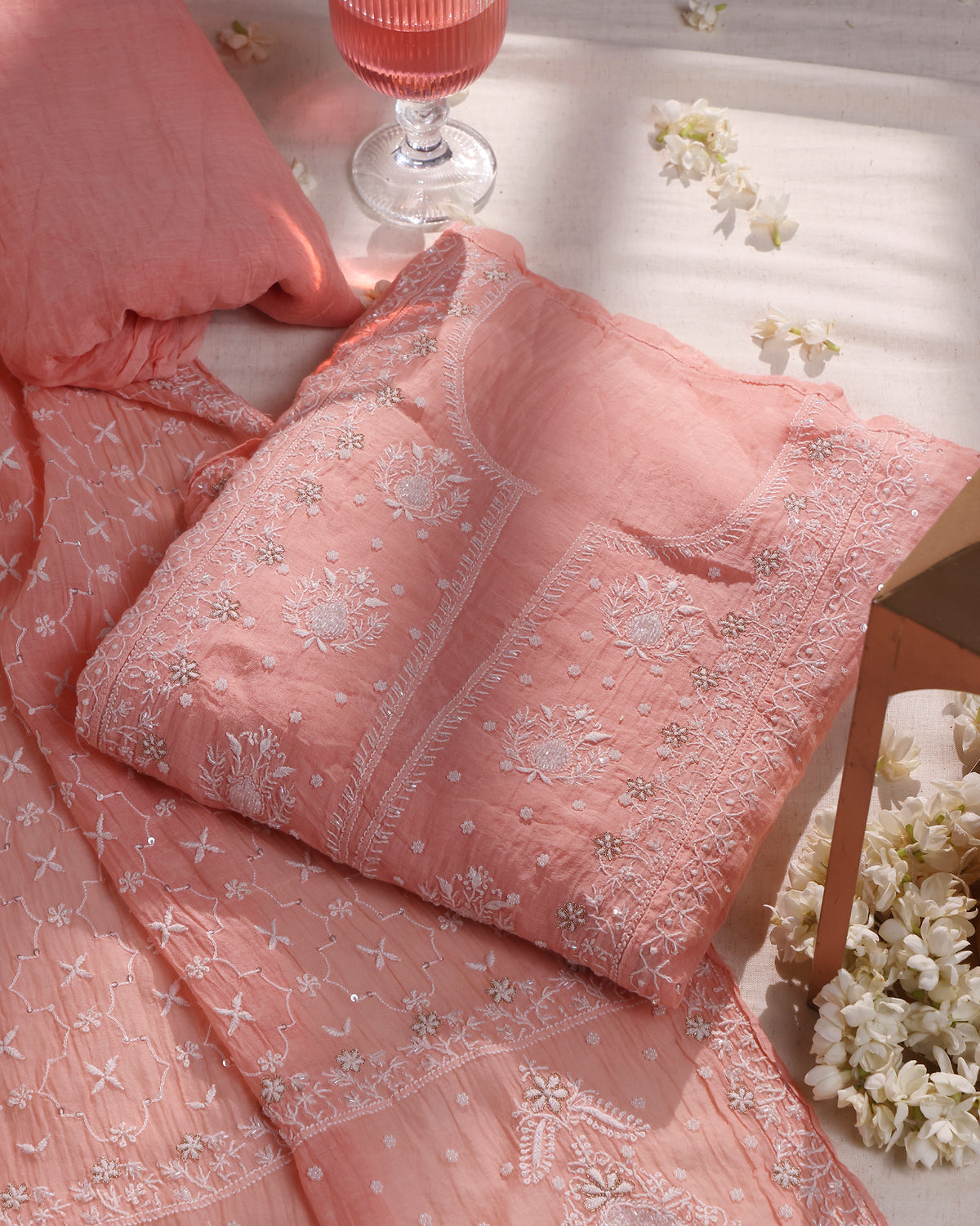 Blush Coral Chikankari 3- piece Kurta Dupatta Set with Zardozi & Kardana Detailing