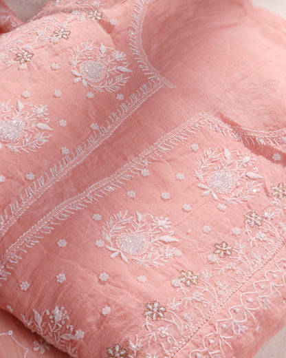 Blush Coral Chikankari 3- piece Kurta Dupatta Set with Zardozi & Kardana Detailing