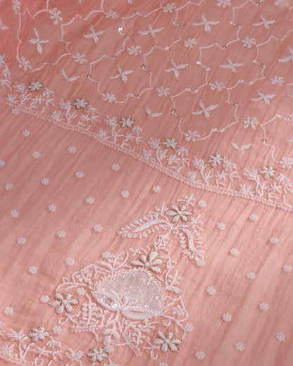 Blush Coral Chikankari 3- piece Kurta Dupatta Set with Zardozi & Kardana Detailing