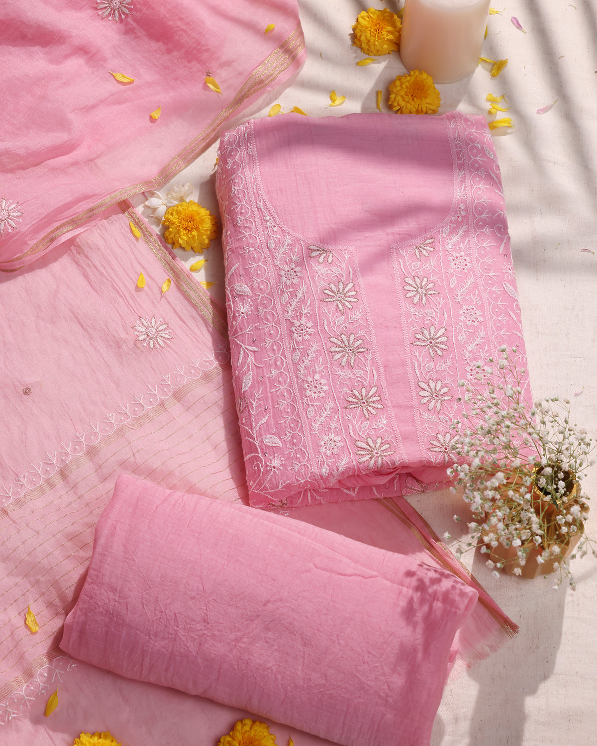 Rose Pink Silky Mul Chanderi Chikankari 3-Piece Kurta Dupatta Edit with Zardozi & Kardana detailing