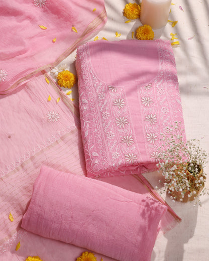 Rose Pink Silky Mul Chanderi Chikankari 3-Piece Kurta Dupatta Edit with Zardozi & Kardana detailing