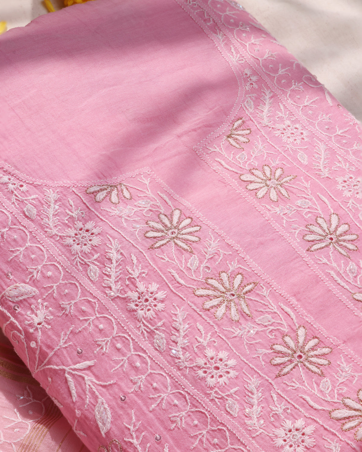 Rose Pink Silky Mul Chanderi Chikankari 3-Piece Kurta Dupatta Edit with Zardozi & Kardana detailing
